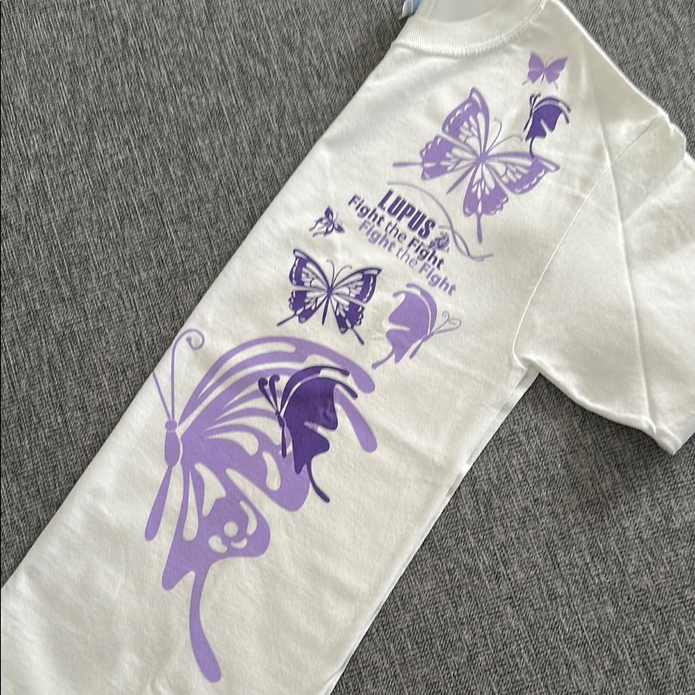 Gildan White and Purple Tee with Butterfly print.